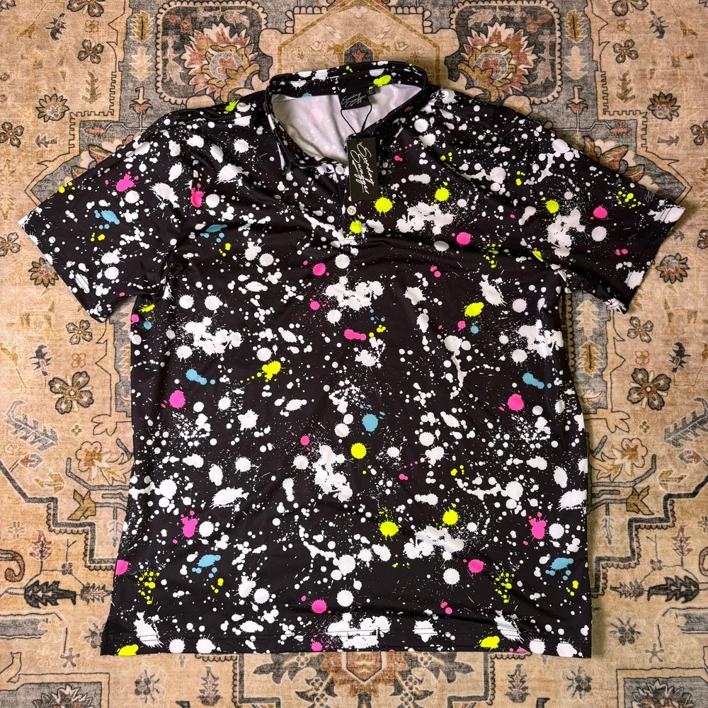 Sunday Swagger Golf Polo Shirt Mens XL NWT Paint Splatter Neon Black Performance